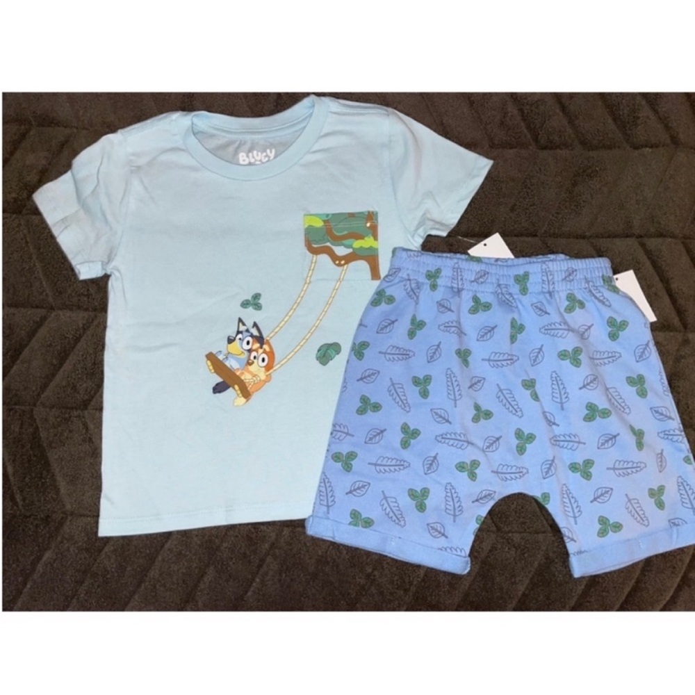 Blue Cartoon Swing Tee & Leaf Print Shorts Set